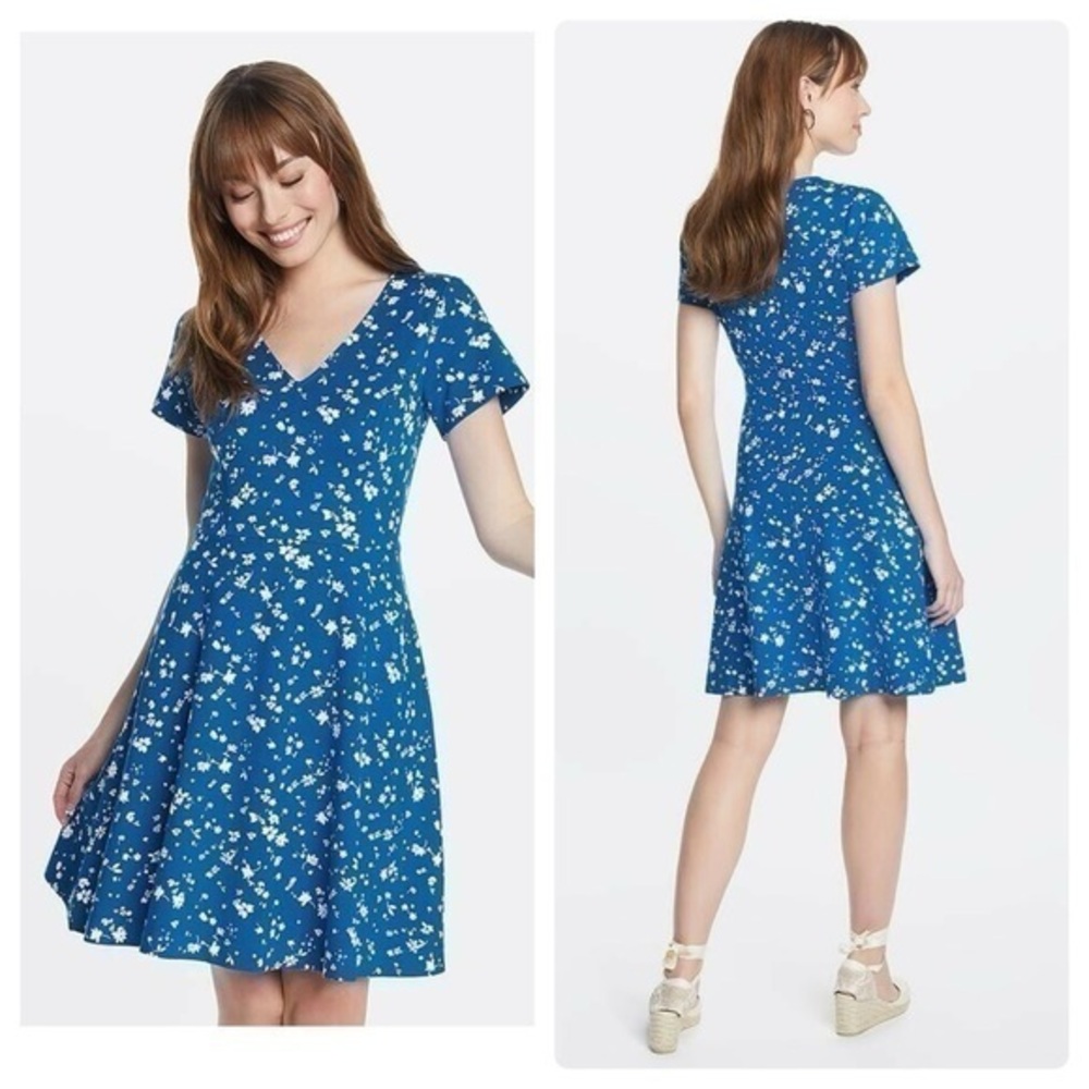 Draper James V-Neck Ponte Love Circle Graceland Blue Flare Dress Small S AE24